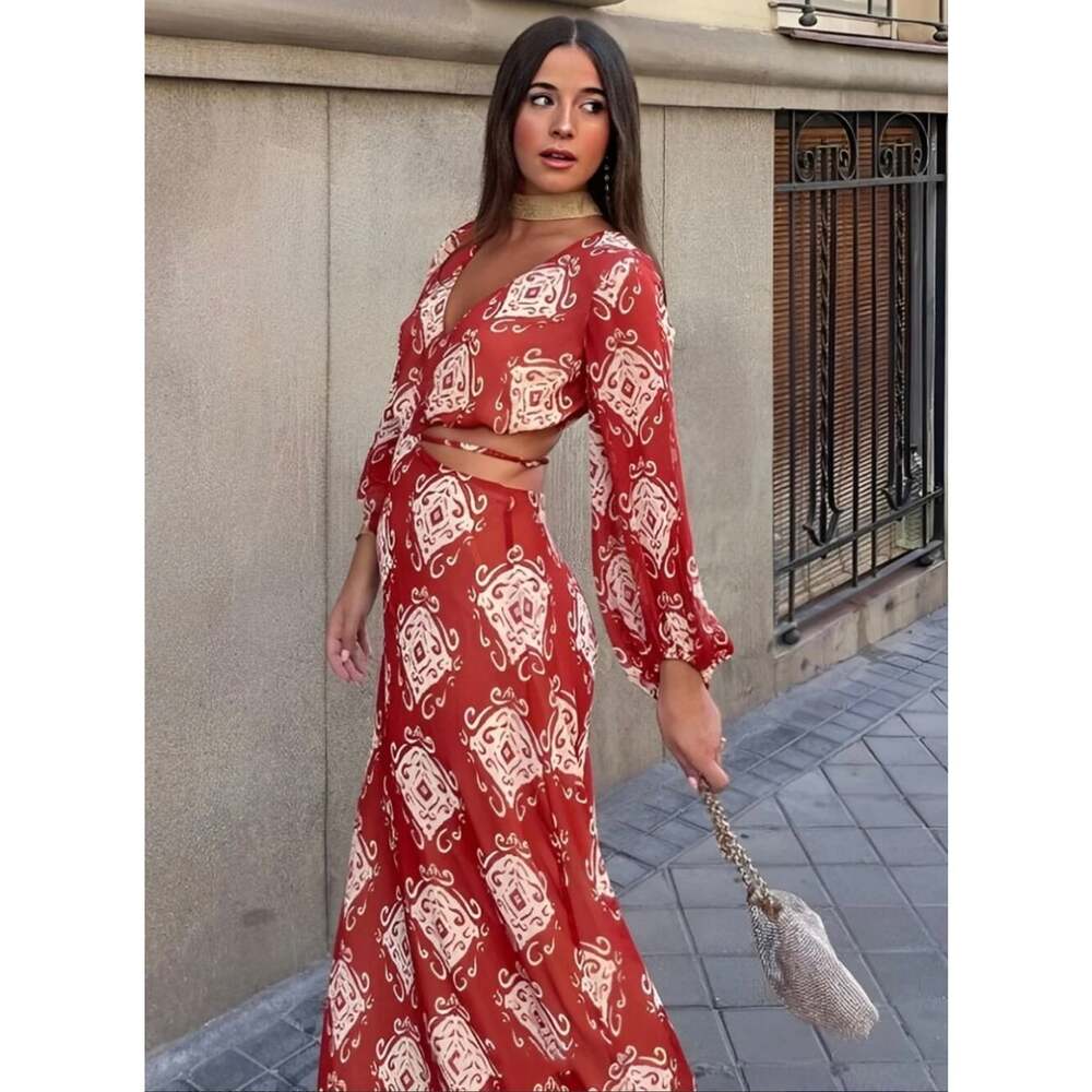 Zara Red Cream Printed Cutout Maxi Dress Size L Open Back Balloon Sleeve
